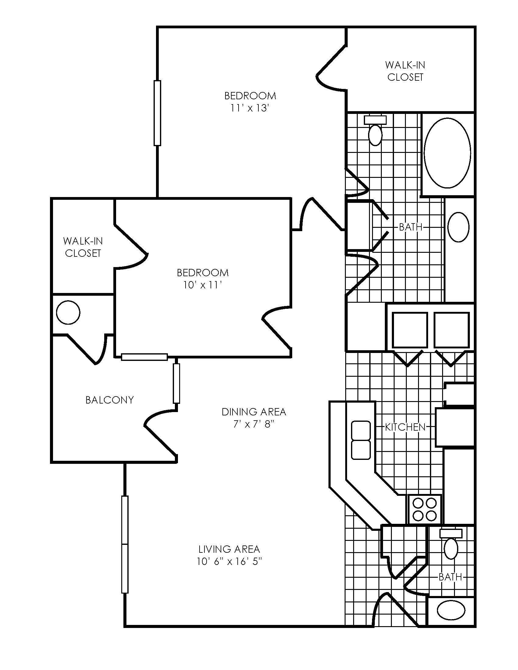 Floor plan for 2 beds, 1.5 baths, 982 sqft